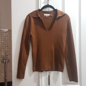 Calvin Klein Women's Johnny collar V-neck long sleeve sweater brown Sz sm OOO